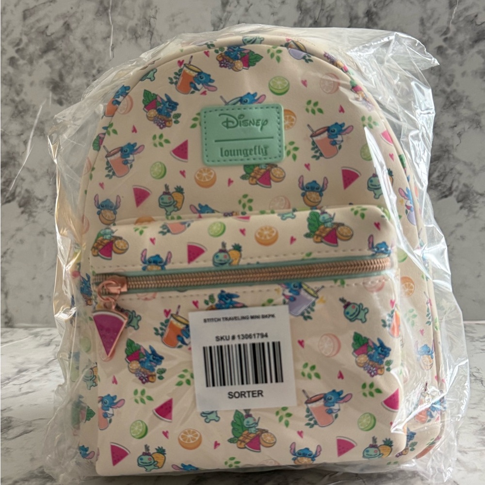 Loungefly Kids Backpack - Cream with Colorful Stitch and Fruit Design